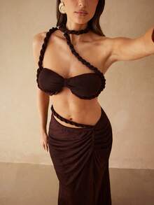 Silquee Áo croptop nữ mùa hè gợi cảm kiểu dáng đi biển, xếp ly, xoắn vạt bất đối xứng - màu nâu - Xem 1