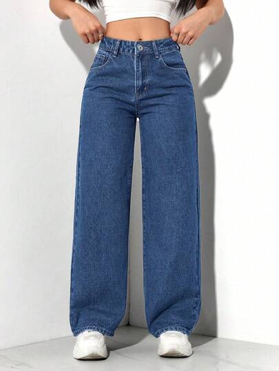 SHEIN PETITE 女式简约纽扣前口袋牛仔裤，休闲日常穿着