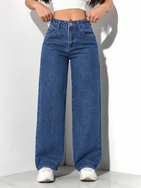 SHEIN PETITE 女式简约纽扣前口袋牛仔裤，休闲日常穿着