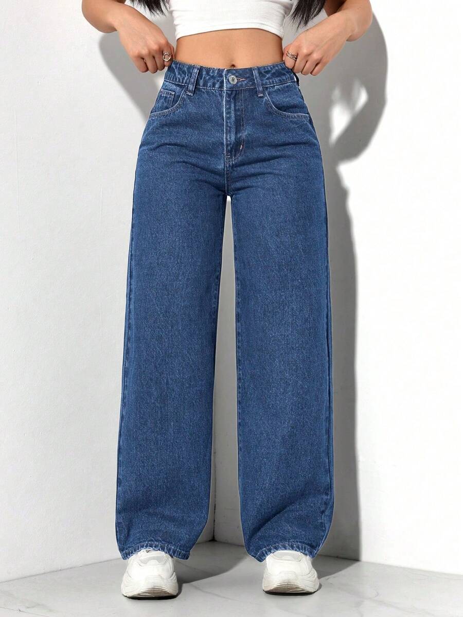 SHEIN PETITE Women's Minimalist Button Front Pocket Denim Pants, Casual Everyday Wear - Blue - View 1