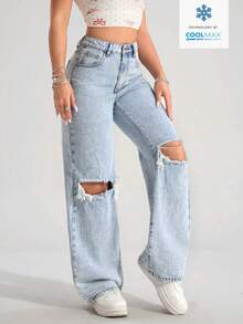 SHEIN PETITE Women's Casual Fashion Street Chic High Waist Distressed Loose Wide Leg Denim Jeans, Suitable For Daily Commute In Summer - Light Wash - View 4