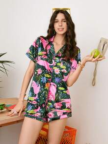 Young Fashion Cat & Floral Print Lapel Cardigan Women Pajama Set - Multicolor - View 2