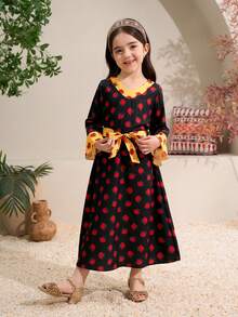 Vestido Floral Elegante de Menina Jovem com Gola Dourada em Forma de Flor e Mangas Sino - Preto - Visão 4