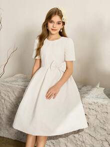 少女高端提花圆领水钻链条短袖蝴蝶结前褶短裙，适合婚礼、舞会、生日派对、宴会等场合。 - 白色 - 查看 8