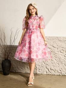 少女优雅派对碎花网纱连衣裙 - 粉色 - 查看 1