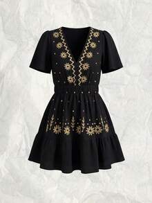 Olithes V-Neck Embroidered Waist Slimming A-Line Short Dress - Black - View 1