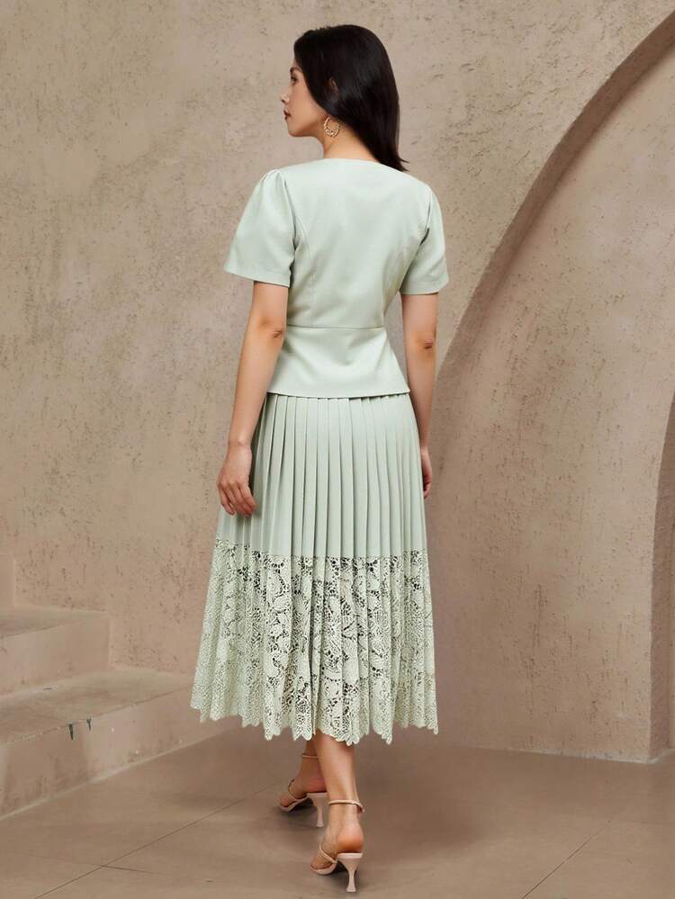 Women's Elegant Square Collar Puff Sleeve Blouse & Lace Patchwork Skirt 2 Pieces Set, Summer,Wedding Guest Dress Women