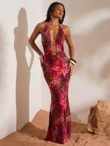 Opulessa 女士V领镂空荷叶边露背连衣裙，针织网眼印花，适合春夏度假穿着 - 紅色 - 查看 3