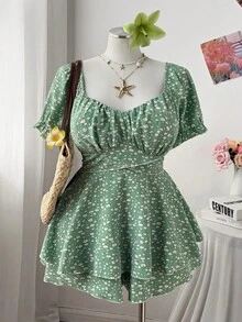 Flirla Plus Size Women Green Ditsy Floral Short Sleeve Casual Jumpsuit, Summer - Multicolor - View 7