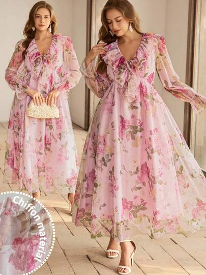 Roveilla Plus Size Knit Printed Mesh Ruffle Collar Cinched Waist Puff Sleeve A-Line Dress Floral Dress Elegant Flower Dress Woman Cottagecore Dress