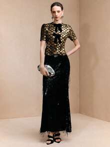 Arave 女士天鹅绒亮片褶皱腰部泡泡袖蝴蝶结设计优雅上衣，适合约会 - 金色 - 查看 7