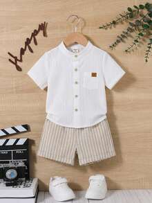 2 piezas Conjunto de top de manga corta con cuello mao y pantalones cortos de color azul y blanco sólido para niño pequeño, adecuado para fiesta de cumpleaños, bautizo, celebración del 1er cumpleaños, fiesta de noche, actuación, boda y otras ocasiones - Multicolor - Ver 7