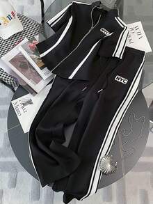 Resyla 修身立领插肩短袖开衫上衣 + 休闲长裤套装 - 黑色 - 查看 1