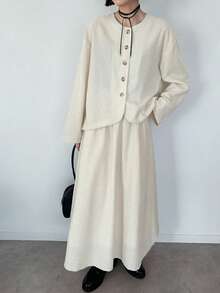 FRIFUL 2pcs Women Linen Dropped Shoulder Long Sleeve Loose Straight Pants Set - Beige - View 5