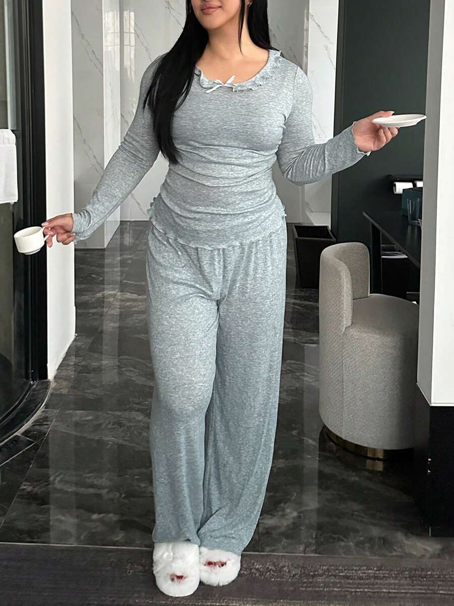 Dazy Plus 1 Set Solid Color Elastic Fitted Ruffle Collar Elegant Long Sleeve Top And Long Straight Leg Pajama Pants Sleepwear Set - Mint Green - View 1