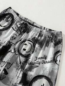 Boys' Graffiti Style Smiling Face Cartoon Graffiti Print Short Sleeve & Pants Pajama Set, Streetwear Inspired Casual Homewear Cartoon Pajams - Multicolor - View 5