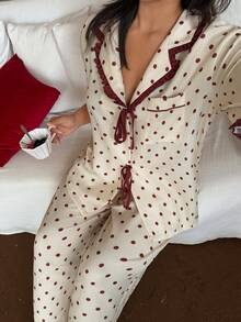 Dream Adore Plus Size Contrast Color Frill Trim Polka Dot Print Lapel Short Sleeve Loose Pajama Set Polka Dot Pajama Set Pajama Jumpsuit Cherry Pajamas Bow Pajamas Vintage Pajama Set - Apricot - View 4