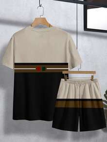 Manfinity Homme 2件套经典撞色条纹组合米兰圆领短袖T恤和短裤 - 彩色 - 查看 2