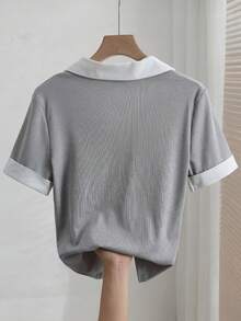 SHEIN 商务休闲通勤日常撞色二合一翻领修身T恤 - 灰色 - 查看 2