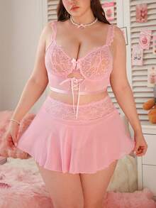SHEIN 3pcs Plus Size Lace Contrast Mesh Sexy Lingerie Set With Underwire, Valentine's Day - Pink - View 6