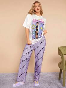 FRIENDS X SHEIN Women Casual Character Portrait & Letter Print White Loose Top & Logo Letter Print Loose Pants Pajama Set - Purple - View 1