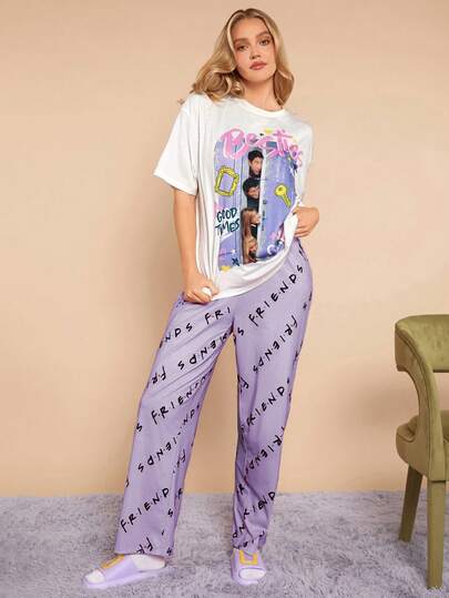 FRIENDS X SHEIN Women Casual Character Portrait & Letter Print White Loose Top & Logo Letter Print Loose Pants Pajama Set
