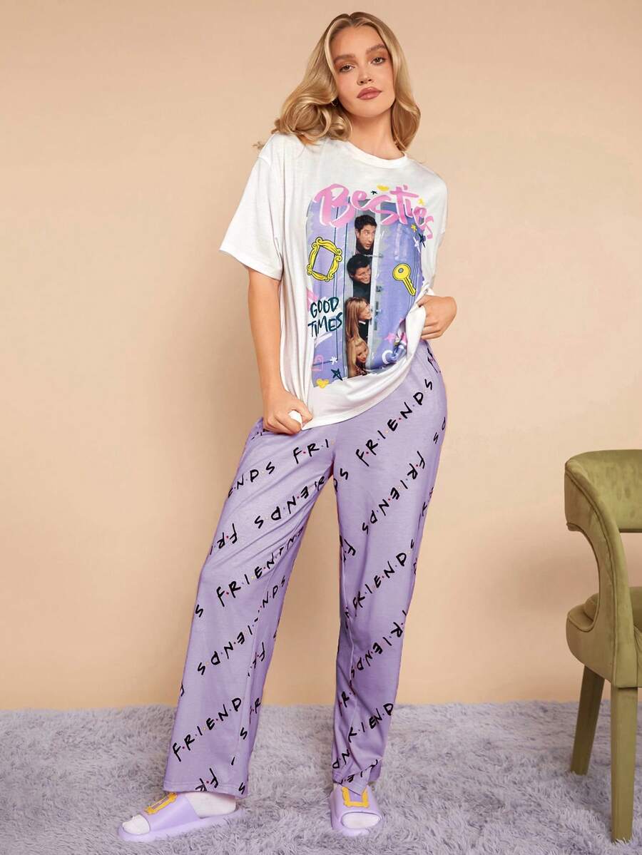 FRIENDS X SHEIN Women Casual Character Portrait & Letter Print White Loose Top & Logo Letter Print Loose Pants Pajama Set - Purple - View 1