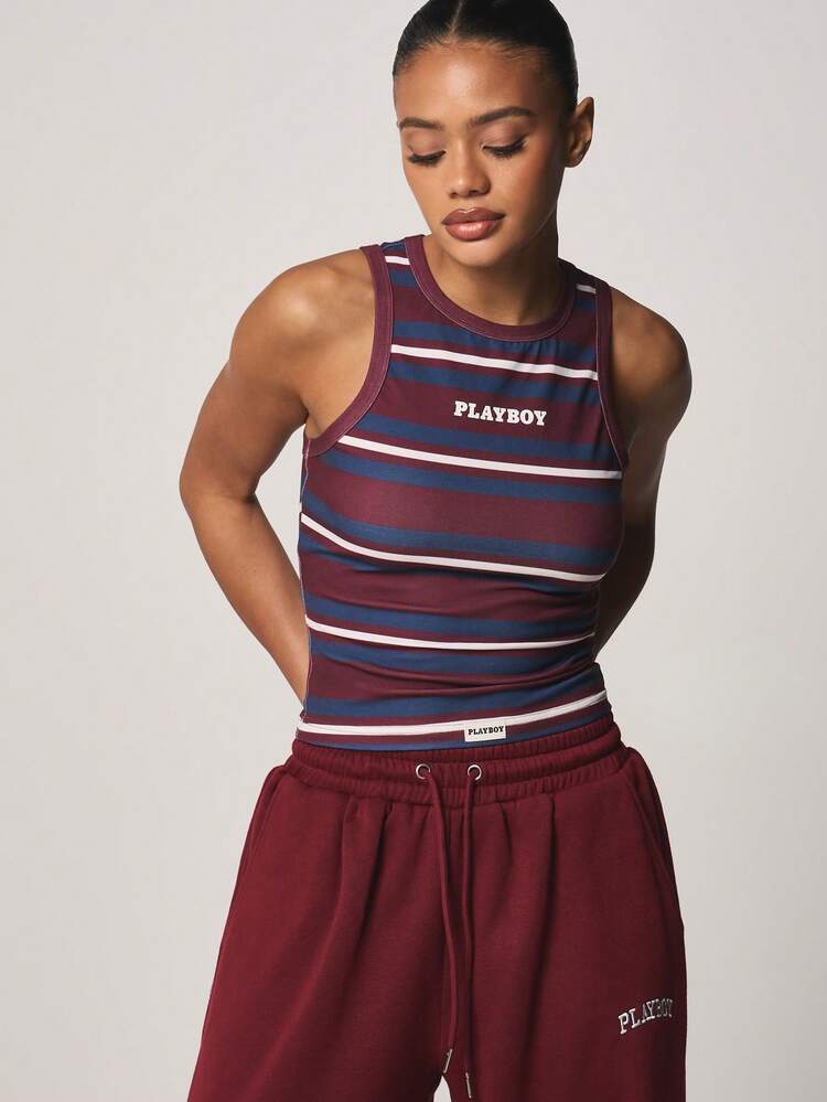 Missguided x Playboy Striped Tank Top With Logo Print And Crew Neckline Sleeveless Camisole For Casual Summer Days