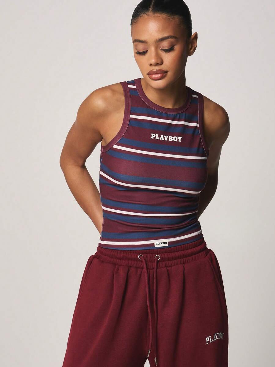 Missguided x Playboy 条纹背心，饰有品牌标志印花，圆领无袖吊带衫，适合休闲夏日穿着 - 彩色 - 查看 1