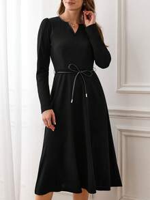 Medorina Vestido elegante de mujer con cuello en V, manga larga y cintura ceñida - Negro - Ver 1