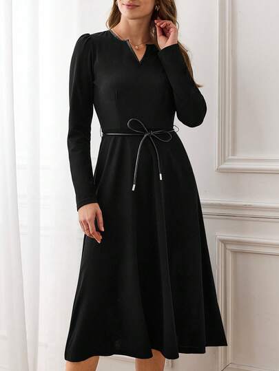 Miaspire This Elegant Women's Dress Features A Classic Pure Black Color, Exuding A Sophisticated Feel That Perfectly Complements The Refined Atmosphere Of The New Year. The Simple, Solid-Color Floral Pattern Adds A Touch Of Understated Chic. The V-Neck Long Sleeves And Leather Drawstring Waist Design, Along With The Puff Sleeves For A Touch Of Movement, And The A-Line Skirt For A Slimming And Elegant Silhouette, Make It Suitable For Spring And Autumn. Pair It With Bright Accessories To Brighten Your Look Or Layer It With A Jacket For Added Depth. Suitable For Both Work Commutes And Casual Gatherings, This Dress Showcases A Professional And Stylish Look At Work Or Highlights Refined Taste At Small Dinners Thanks To Its Cinched Waist. It's A Versatile Piece That Combines Practicality And Style In Your New Year's Wardrobe.