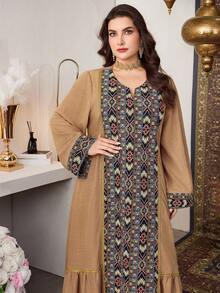 Al Najma Khaki gemusterter Patchwork traditioneller, modischer, vielseitiger, weiter, bequemer Lange Robe für Damen in Große Größen im türkisch/arabischen Stil, Lange Kaftan - Khaki - Übersicht 5