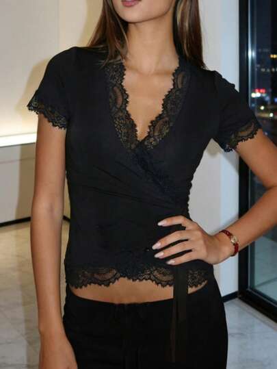 SHEIN Clasi Women's Criss-Cross Tie Slim Fit Top, Elegant Women's Top, Lace Patchwork T-Shirt