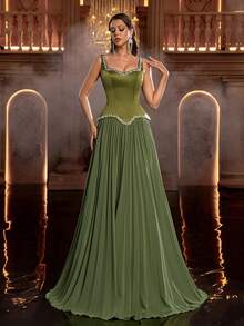 Glamrae Elegant Grayish Green Satin Chiffon Patchwork Pleated Hem Dress,Fashionable Minimalist Formal Gown For Birthday Parties,Weddings & Vacations - Green - View 9