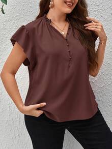SHEIN Privé 大码女式夏季休闲度假日常通勤舒适荷叶边袖口V领衬衫 - 棕色 - 查看 5
