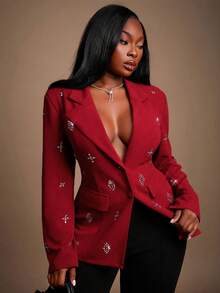 SHEIN SXY Áo khoác Blazer nữ cỡ lớn Thu Đông, Xuân Hè Thanh lịch Tuyệt đẹp Quyến rũ Gợi cảm Cơ bản Sang trọng Đính đá Rhinestones - Màu Đỏ Sâu - Xem 4