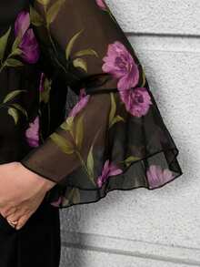 EMERY ROSE Plus Size Boho Multicolor Random Print Blouse With Round Neck And Three Quarter Flare Sleeves Woven Fabric Top - Multicolor - View 3