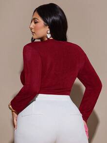 SHEIN BAE Plus Size Women's Black Long Sleeve Crossover Neck Ruched Bodysuit - Burgundy - View 5