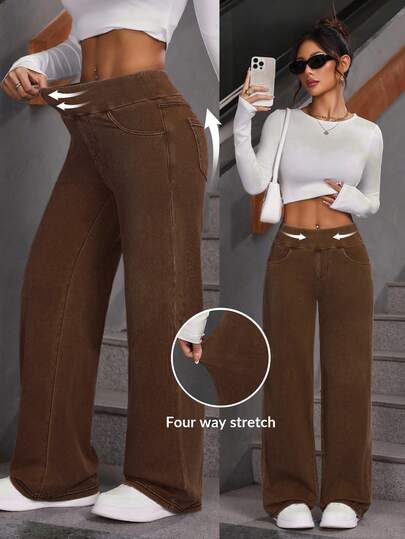 SHEIN PETITE Women's Solid Color Loose Straight Leg Casual Jeans Brown Pants For Women Pants Flare Leg Cowboy Pants For Women Western Pants Cowgirl Pants