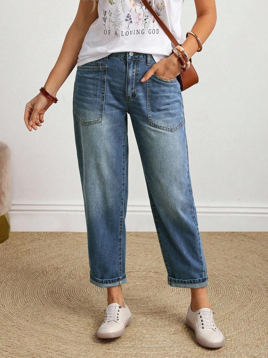 EMERY ROSE 大码女式休闲日常通勤百搭拼接口袋直筒牛仔裤 - 藍色 - 查看 1