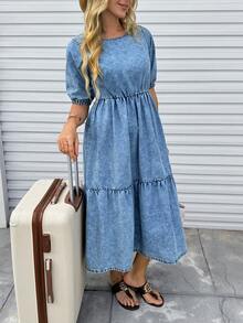 SHEIN Holidaya 女士休闲水洗泡泡袖牛仔连衣裙，夏季