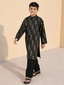 Vacaura 2pcs Set Foil Print Long Sleeve Robe & Elegant Pants, Middle Eastern Fashion Holiday Party Teenager Dress Abaya Thobe For Boys