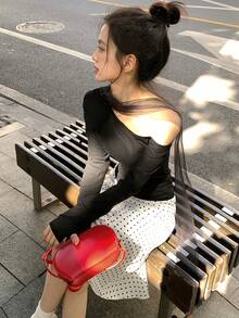 DAZY Women's Elegant 2 In 1 Splice Asymmetrical Shoulder Long Sleeve T-Shirt, Suitable For Spring & Summer, Party & Date - Black - View 4