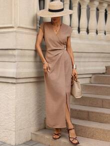 Editum Đầm dài tay kín đáo, thanh lịch, cổ chữ V, xếp ly ở phần ngực và eo cao dành cho nữ. - Lạc đà - Xem 4