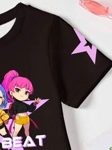 Spring, Summer & Autumn Girls' Casual Fashionable Creative Personalized Refreshing Chic Minimalist Cool Virtual Girl Group Cartoon Character Pentagram Logo Slogan Graphic Print Casual Basic Short Sleeve T-Shirt Dress, Comfortable Daily Wear, Cozy Summer & Fall Styles Suitable For Spring, Summer & Autumn Girls Tshirt Dress Girls Kids Graphic Dresses Girls Novabeat Dress Girls Anime Tshirt Dress Girls Cartoon Dress - Multicolor - View 7