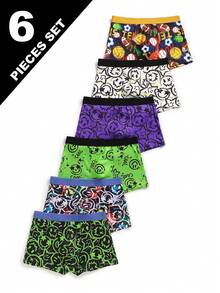 Young Boys Trunks-Boxer Briefs Random 6 Pack Neon Green Purple Black White Multicolor Graffiti Faces Sports Prints Elastic Waistband Stretchy Tagless Comfort Fit All Season Underwear Holiday 2026 Must Have Gift Pack Washable Durable Fun Style - Multicolor - View 4