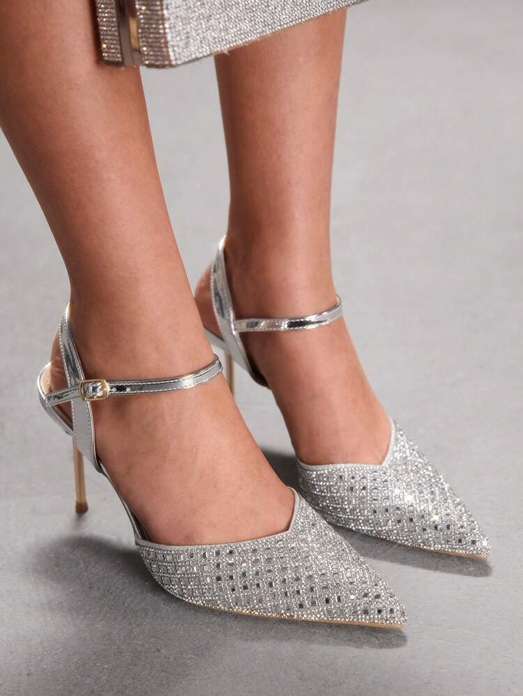 CUCCOO SZL Women's Silver Elegant Pointed Toe High Heel Pumps, Glass Crystal Decor Stiletto Ankle Strap Sexy High Heel Shoes, Charming Party Chic Comfortable High Heels, Women's Outdoor Wear, Suitable For Wedding, Gala, Party, Spring Break, Easter Spring Shoes