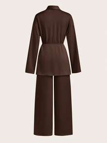 Maija Women's Autumn/Winter Satin Solid Color Tie Front Long Sleeve Cardigan And Elastic Waist Pants Casual Suit, Women's Sleepwear 2 Pieces Set, Women's Casual Business Suit, Office Attire - Brown - View 9