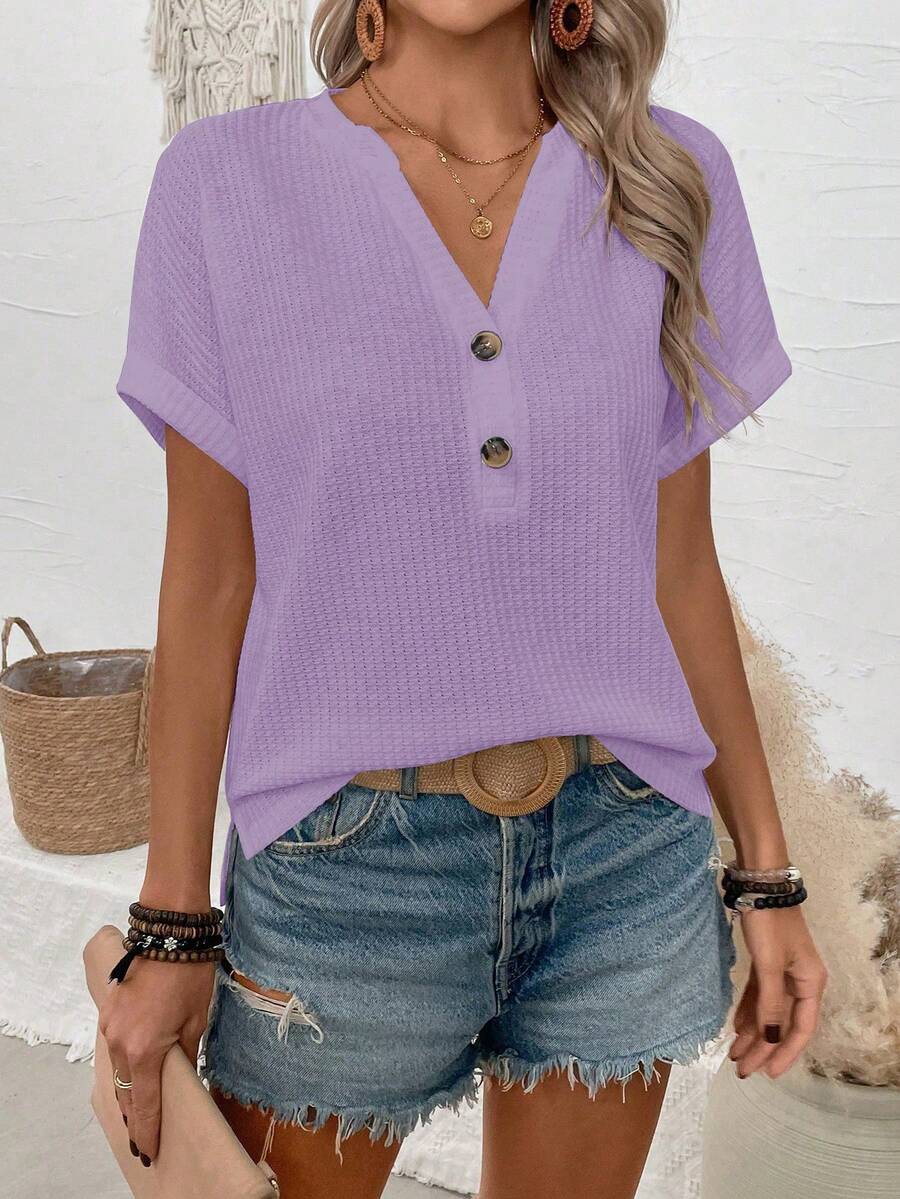 Lymera Camiseta de manga corta de unicolor con cuello en pico y botones, versátil y casual - Púrpura malva - Ver 1