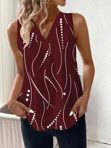 SHEIN Clasi Áo tank top không tay cổ chữ V in họa tiết tương phản dành cho nữ - Màu Đỏ Sâu - Xem 4